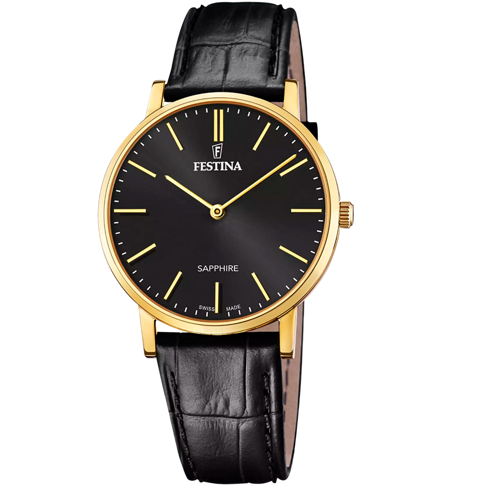 CLASSIC SWISS MENS GOLD STEEL BLACK LEATHER