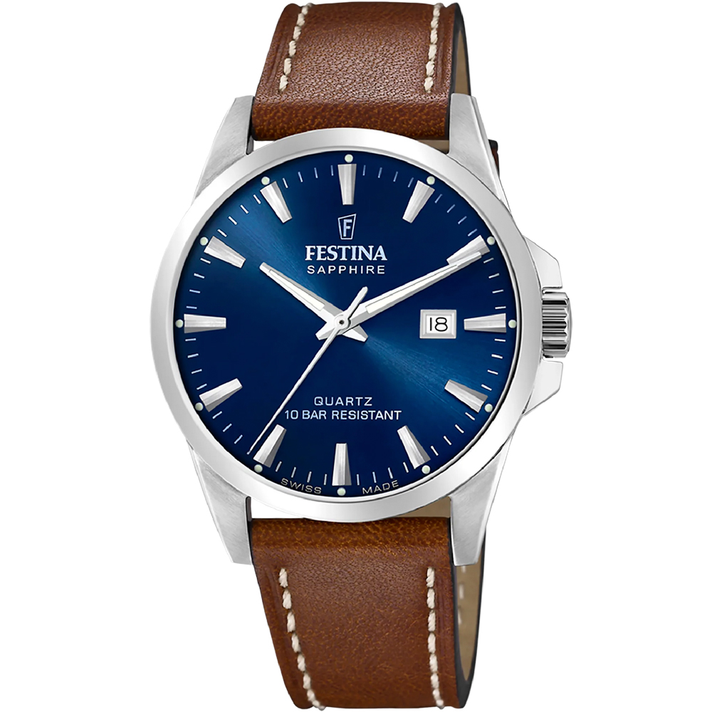 CLASSIC SWISS MENS BLUE STEEL BROWN LEATHER
