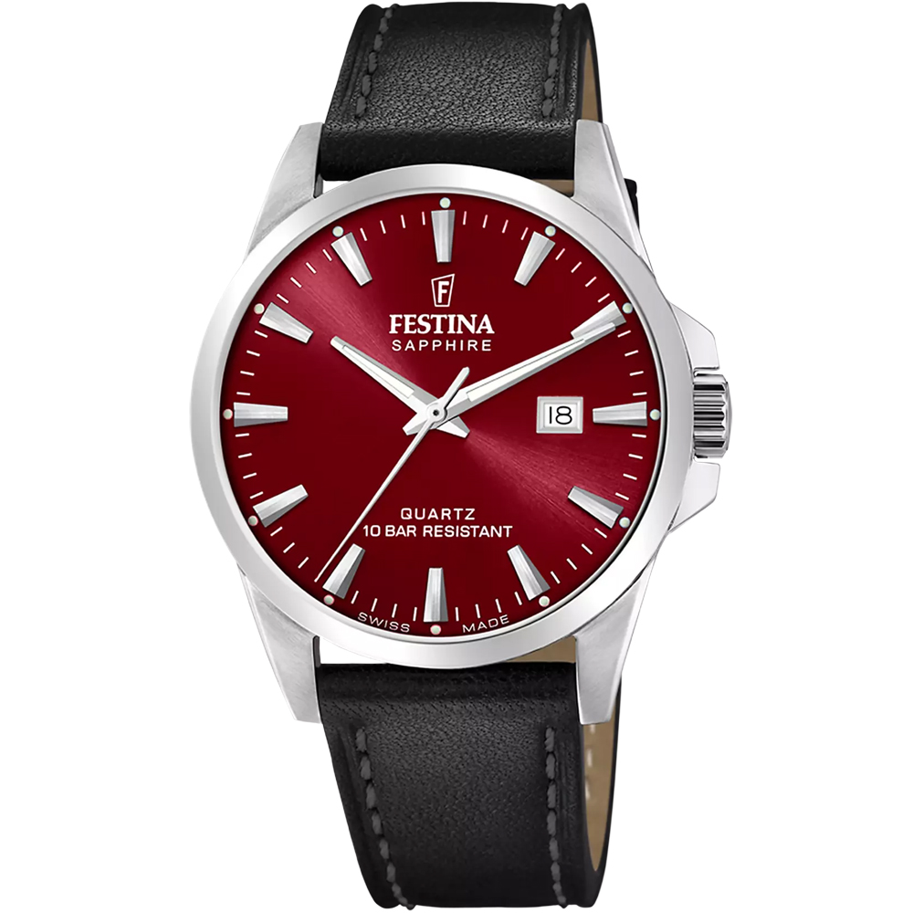 CLASSIC SWISS MENS RED DIAL BLACK LEATHER 
