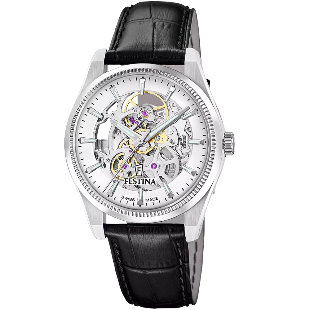 RIVE SWISS MENS SQ SILVER STEEL BLACK LEATHER