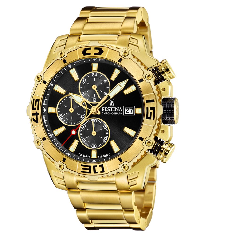 TIMELESS CHRONOGRAPH MENS BLACK DIAL GOLD STEEL 
