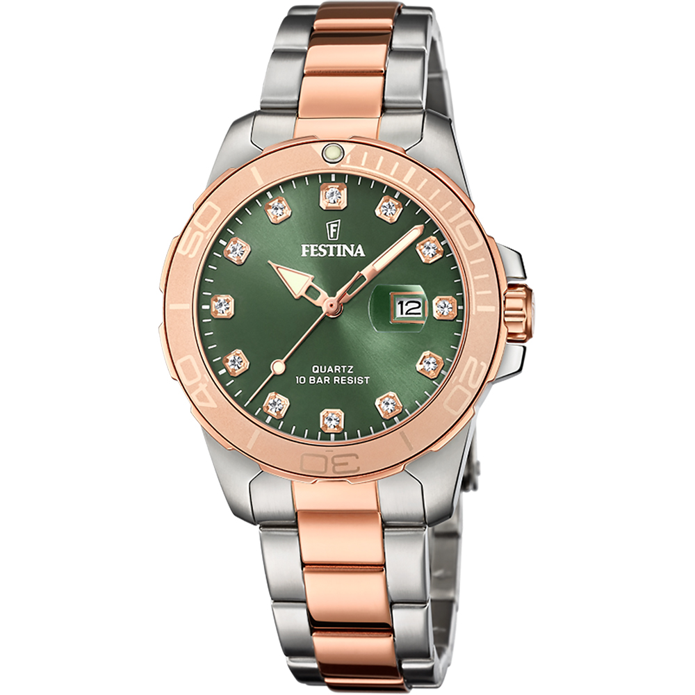 BOYFRIEND WOMENS GREEN DIAL TWO-TONE STEEL 