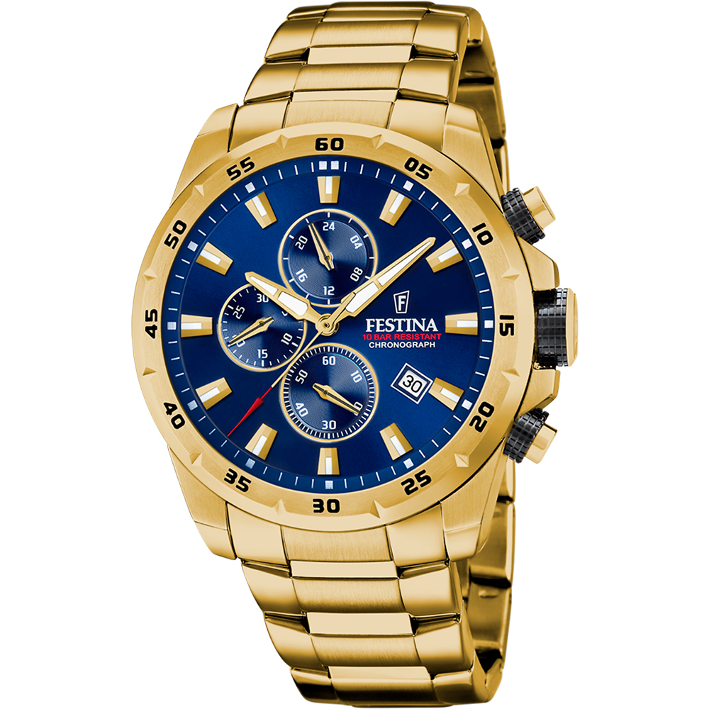 TIMELESS CHRONOGRAPH MENS BLUE DIAL GOLD STEEL 