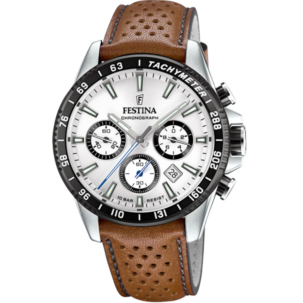 TIMELESS CHRONOGRAPH MENS SILVER DIAL BROWN LEATHER 