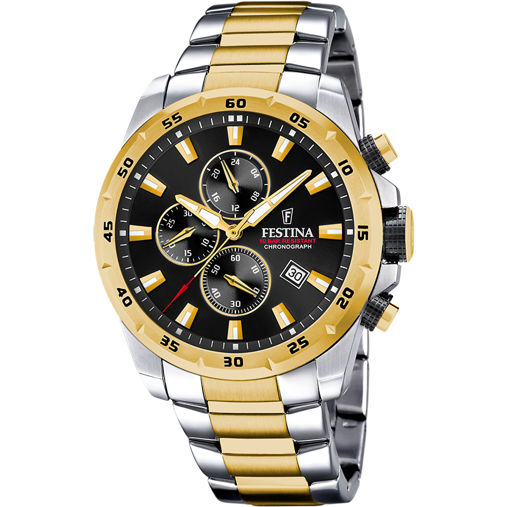 TIMELESS CHRONOGRAPH MENS BLACK DIAL TWO-TONE STEEL 