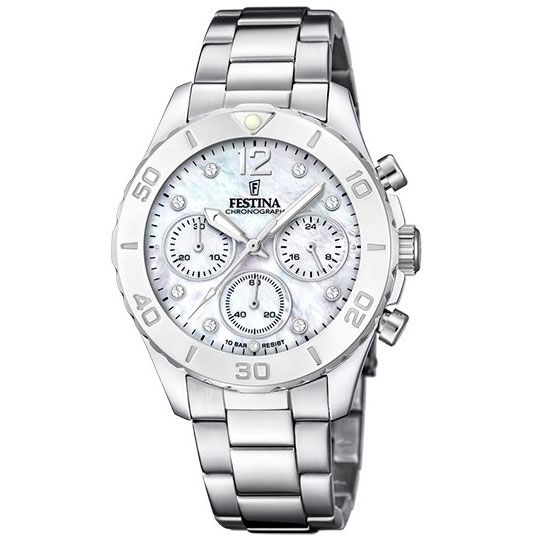BOYFRIEND WOMENS CHRONO WHITE MOP DIAL SILVER STEEL