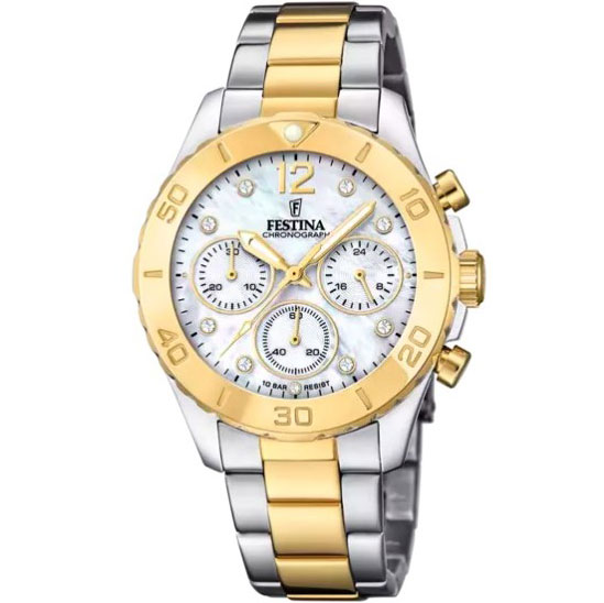 BOYFRIEND WOMENS CHRONO WHITE MOP DIAL TWO-TONE STEEL 