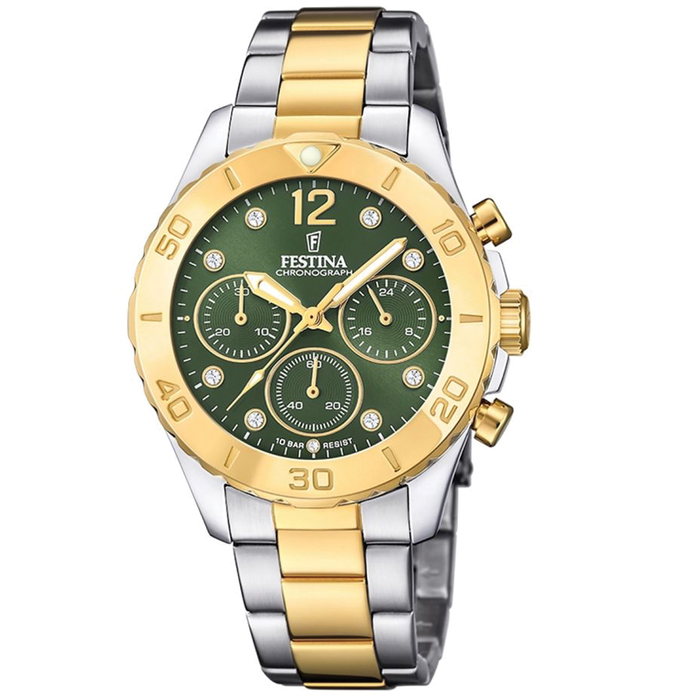 BOYFRIEND WOMENS CHRONO DARK GREEN DIAL TWO-TONE STEEL