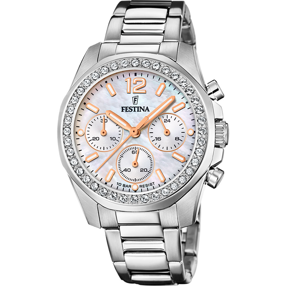 BOYFRIEND WOMENS CHRONO WHITE MOP DIAL SILVER STEEL