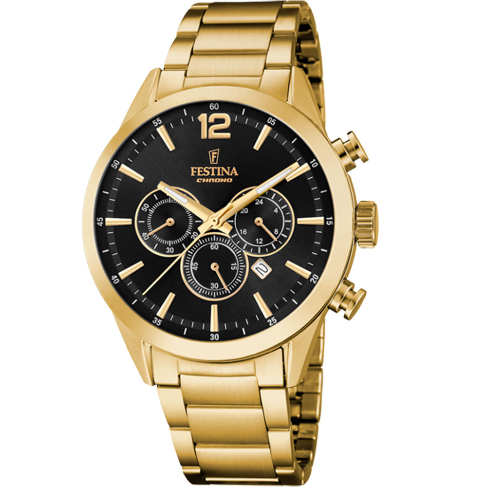TIMELESS CHRONOGRAPH MENS BLACK DIAL GOLD STEEL 