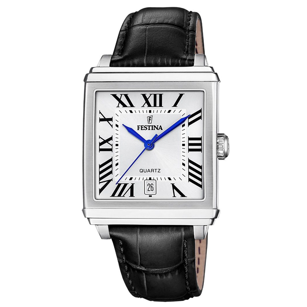 ON THE SQUARE UNISEX SILVER DIAL BLACK LEATHER 