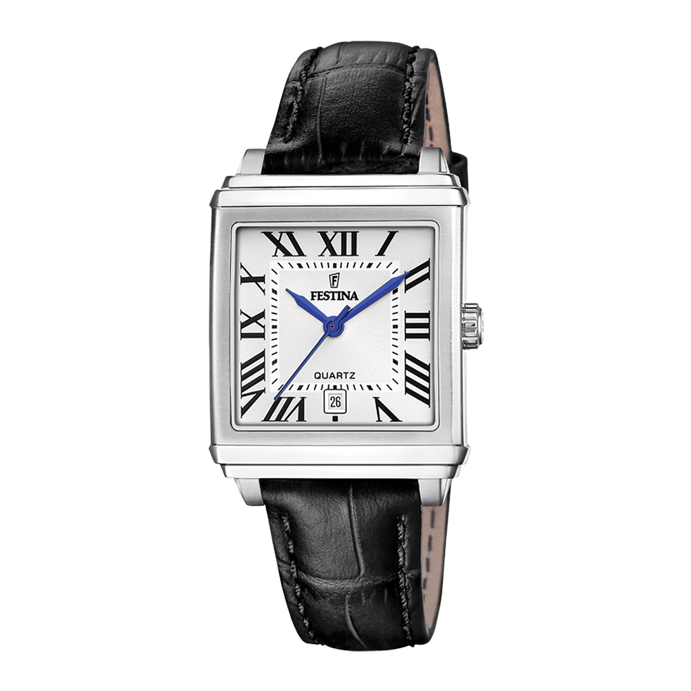 ON THE SQUARE UNISEX SILVER DIAL BLACK LEATHER 