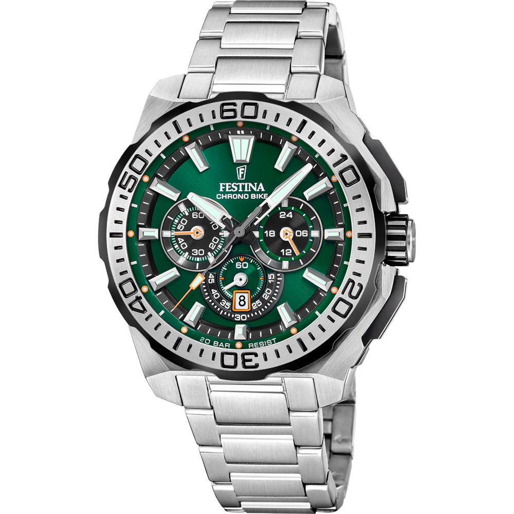 CHRONO BIKE MENS GREEN BLACK DIAL SILVER STEEL 
