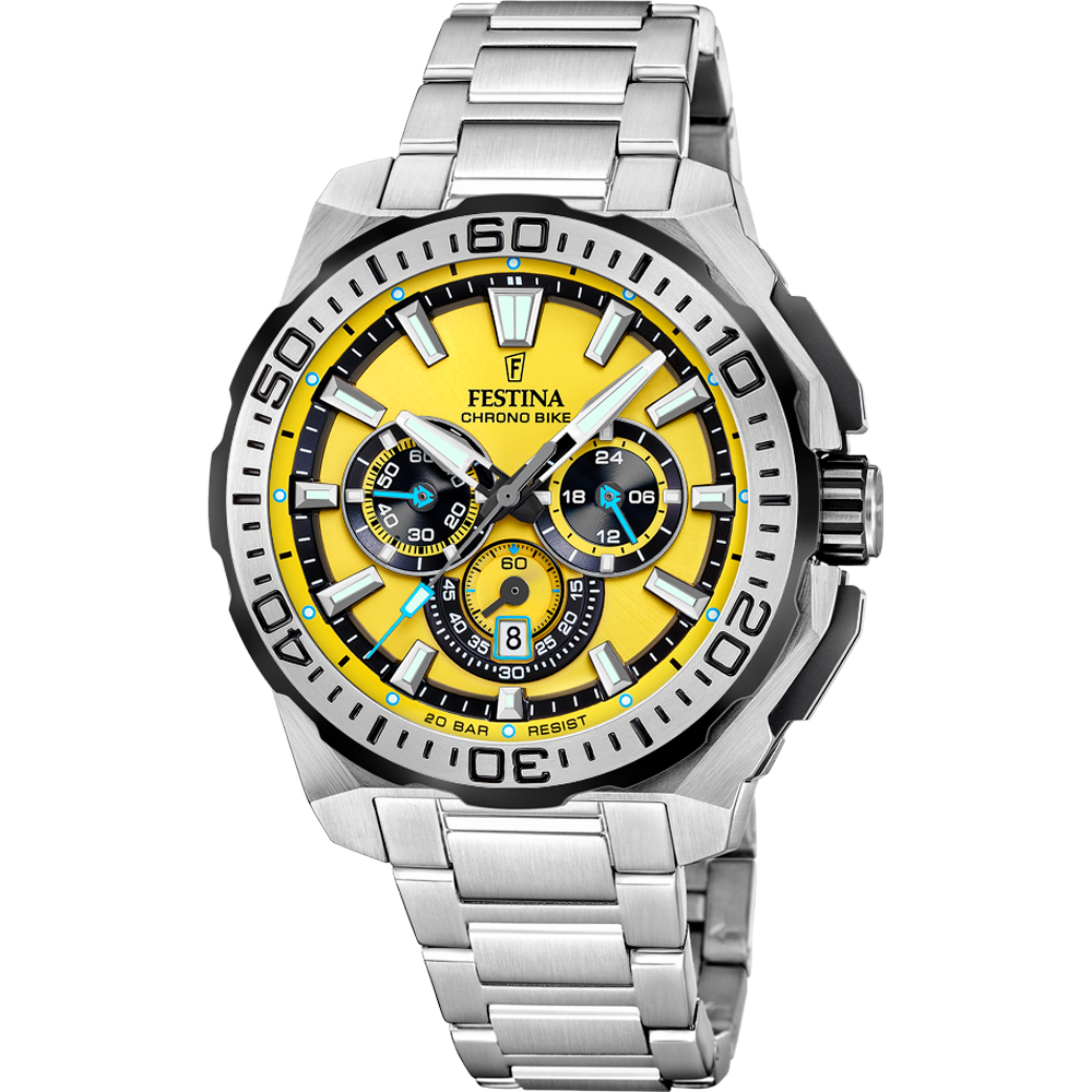 CHRONO BIKE MENS YELLOW BLACK DIAL SILVER STEEL 