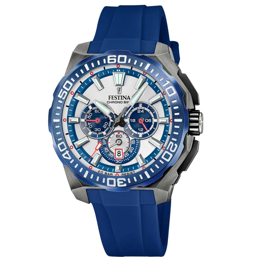CHRONO BIKE MENS SILVER BLUE DIAL BLUE SILICONE