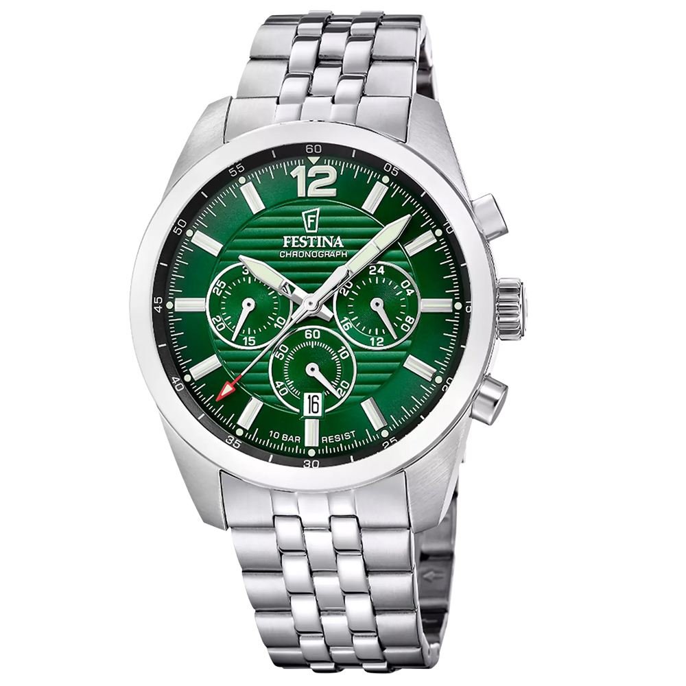 TIMELESS CHRONOGRAPH MENS GREEN DIAL SILVER STEEL 