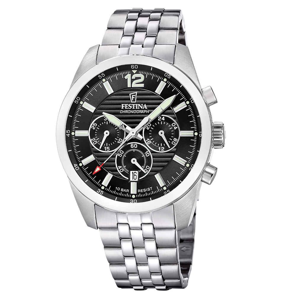 TIMELESS CHRONOGRAPH MENS BLACK DIAL SILVER STEEL 