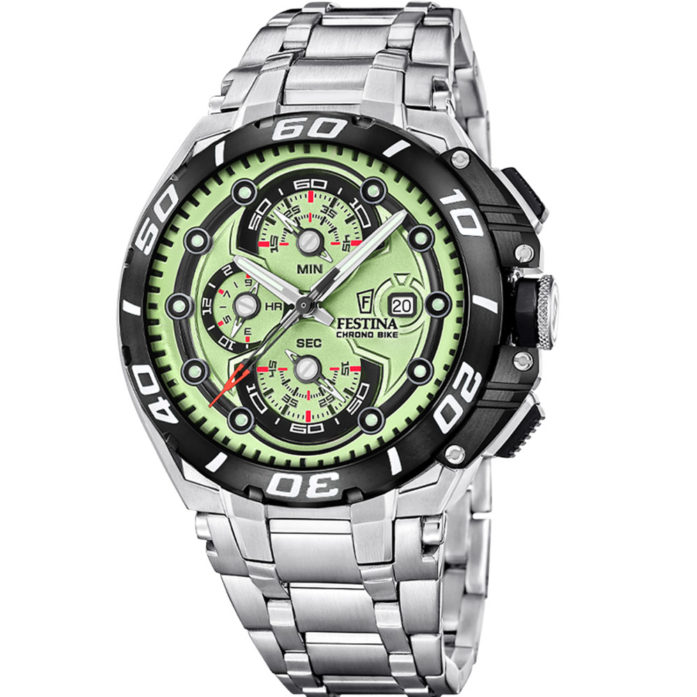 CHRONO BIKE MENS LIGHT GREEN DIAL SILVER STEEL 