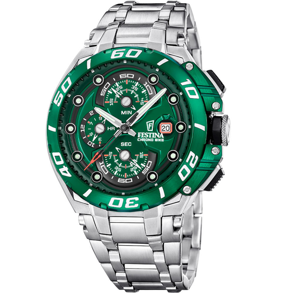 CHRONO BIKE MENS GREEN DIAL SILVER STEEL 
