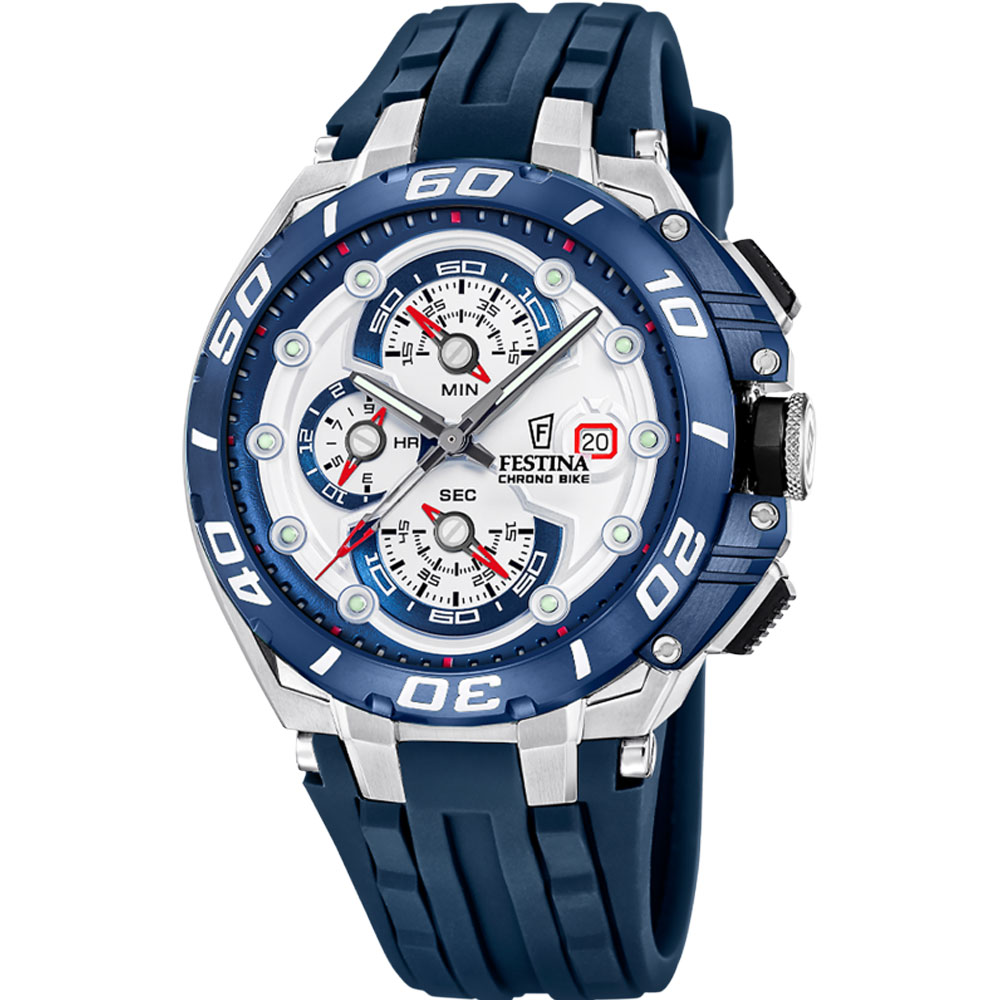 CHRONO BIKE MENS WHITE DIAL BLUE SILICONE 