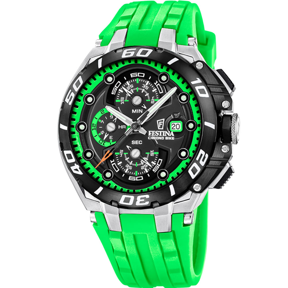 CHRONO BIKE MENS BLACK DIAL GREEN SILICONE 