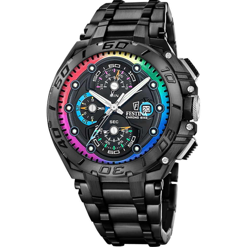 CHRONO BIKE MENS BLACK DIAL BLACK STEEL 
