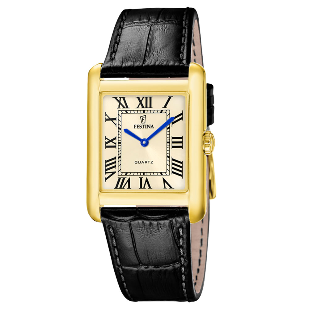 ON THE SQUARE MENS GOLD DIAL BLACK LEATHER 