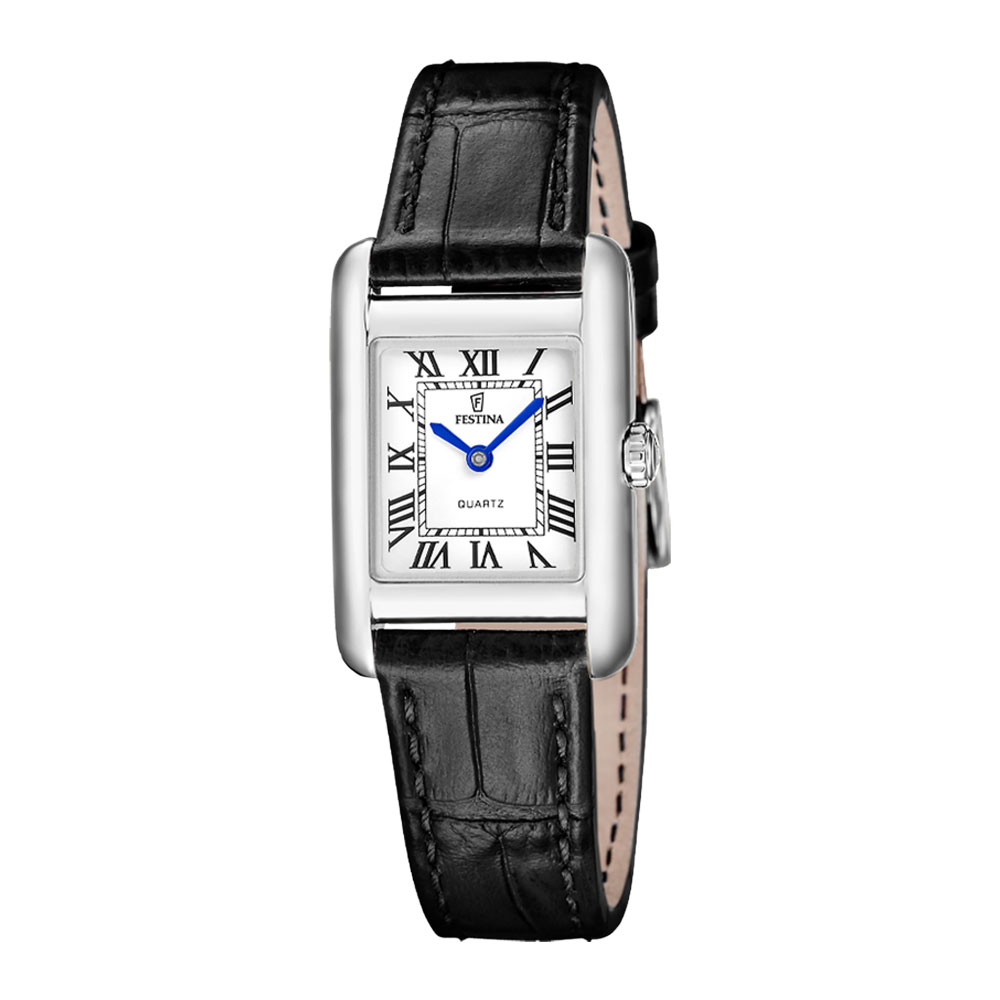ON THE SQUARE WOMENS SILVER DIAL BLACK LEATHER 