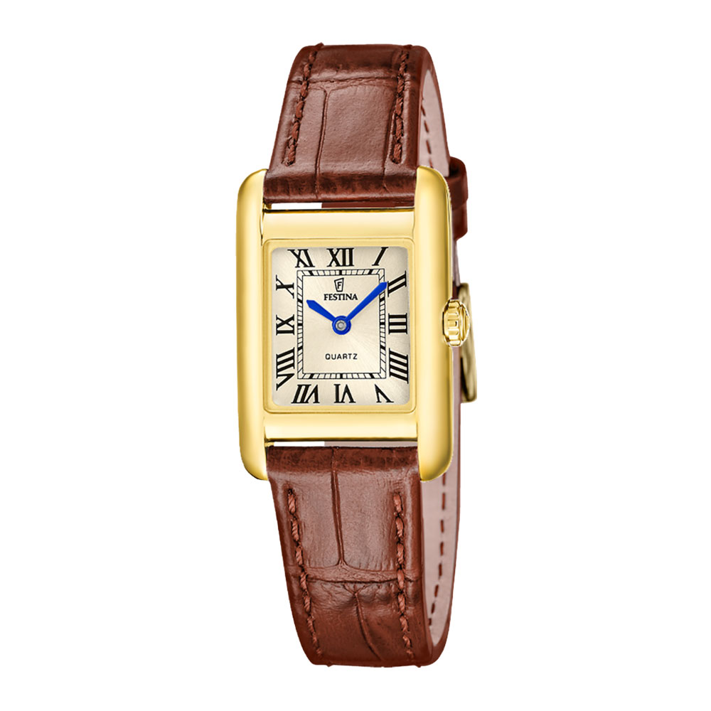 ON THE SQUARE WOMENS GOLD DIAL BROWN LEATHER 