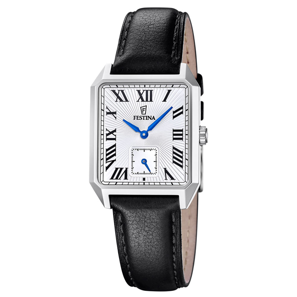 ON THE SQUARE MENS SILVER DIAL BLACK LEATHER 