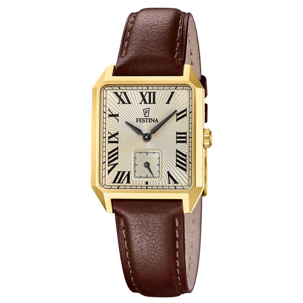 ON THE SQUARE MENS GOLD DIAL BROWN LEATHER 