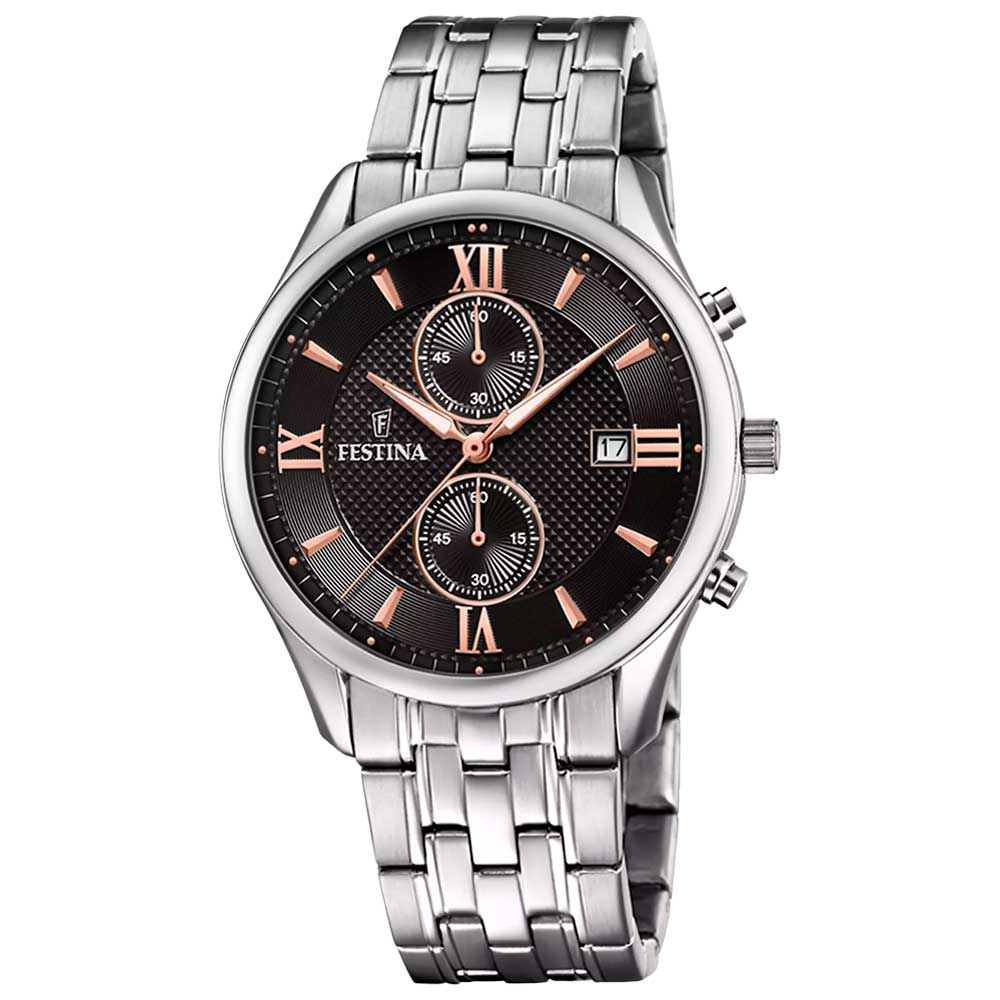TIMELESS CHRONOGRAPH MENS BLACK DIAL SILVER STEEL 