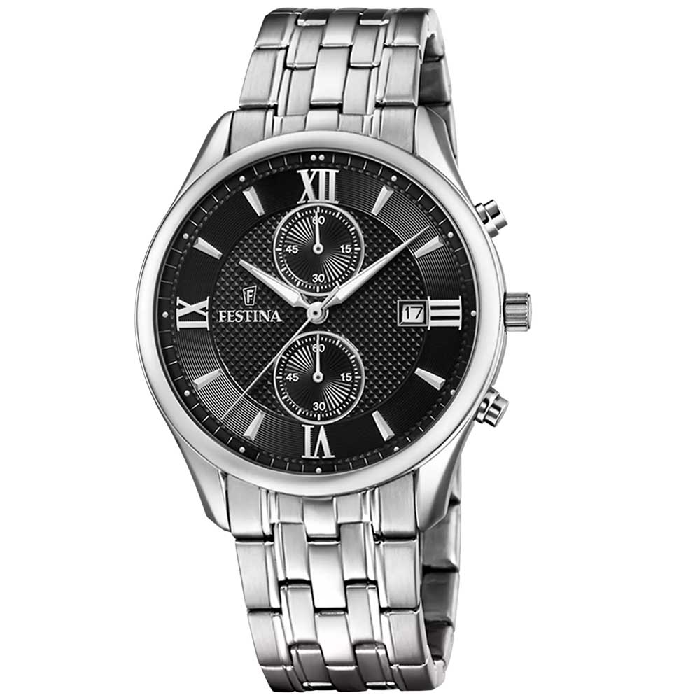 TIMELESS CHRONOGRAPH MENS BLACK DIAL SILVER STEEL 
